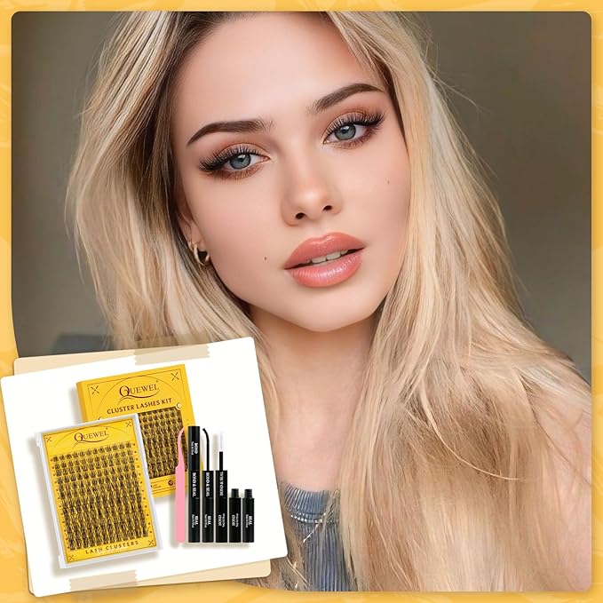 QUEWEL Lash Clusters Kit, 144PCS Natural Lash Custers with Lash Bond and Seal, C Curl Wispy Cluster Lashes Natural Look with Thin Band Easy to use for Beginners (DJ-FD-A）