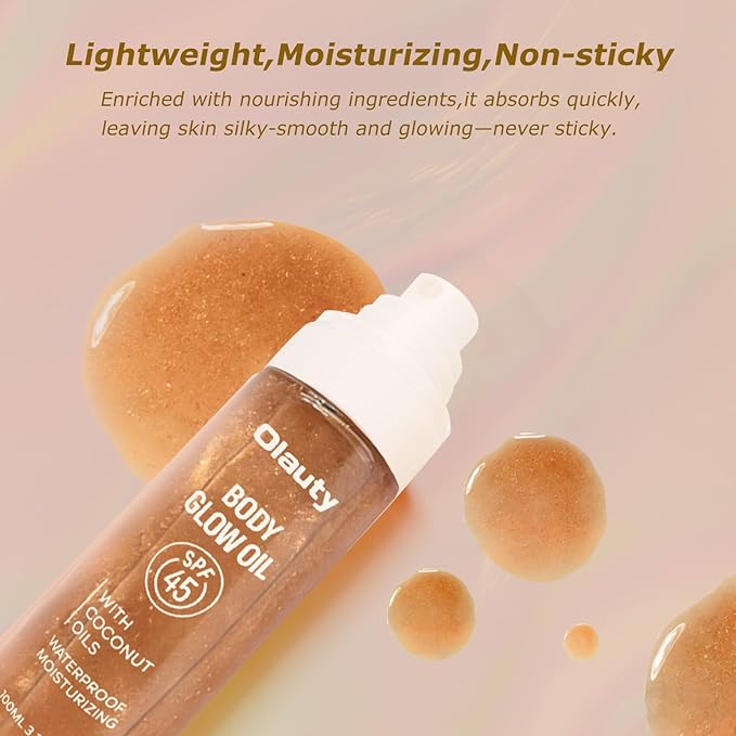 Xiuxixu Sunscreen Body Glow Oil,Broad Spectrum SPF 45,Glitter Shimmer Oil with Sequin Mica,Lightweight Non Sticky Sunscreen with Zinc Oxide Sun-kissed Skin Moisturizer,Beach Essentials (#03 Amber)