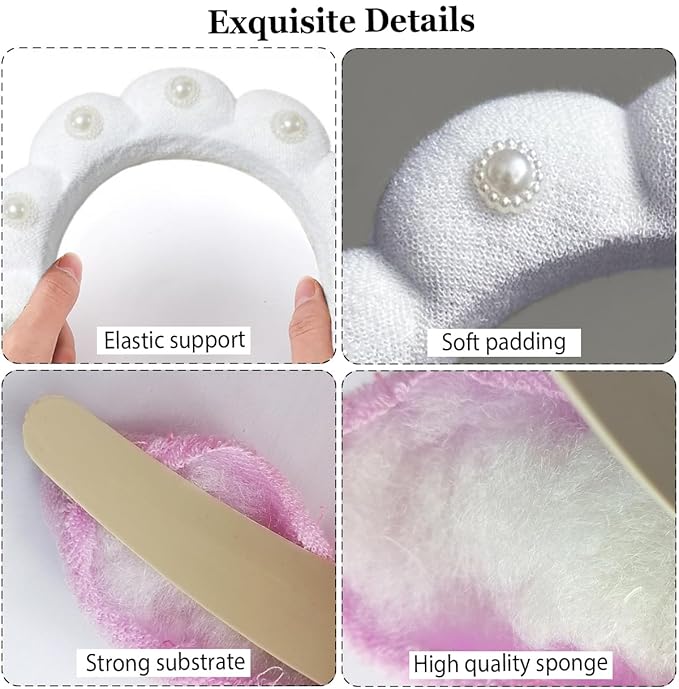 Spa Headbands Puffy Makeup Skincare Headbands for Washing Face or Facial, Terry Cloth Fabric Hairbands for Makeup Removal Shower Skin Treatment(White, Pearl)