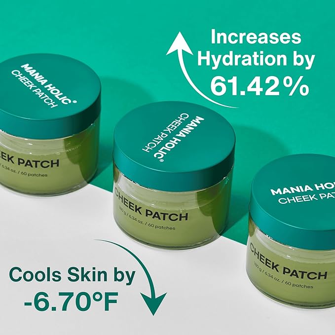 MANIA HOLIC Cheek Patch - Hydrogel Facial Toner Pads for Hydrating and Cooling Flushed Skin with Green Tea and CICA, Moisturizing Korean Skincare, 6.34 fl oz. (60 count)