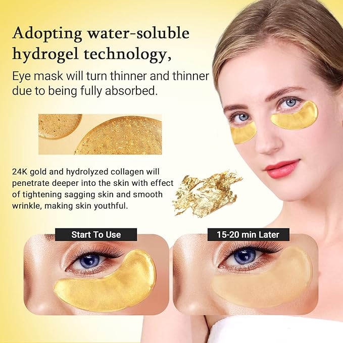 PEAUAMIE Under Eye Patchs 24k Gold Eye Mask and Hyaluronic Acid and Rose for Dark Circles and Puffiness Wrinkle Eye Bags 30 Pairs