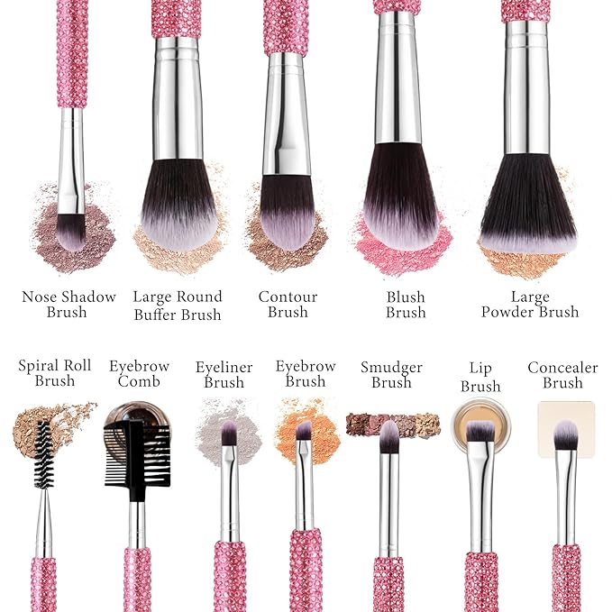 Nuogo Pink 13 Pcs Rhinestone Makeup Brushes Set 12 Bling Crystal Professional Face Cosmetics Blending Liquid Foundation Powder Concealer Eye Shadows Make up Beauty Tool Glitter with 1 Holder