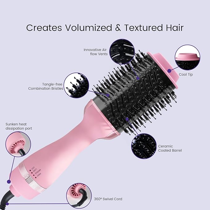 4-in-1 Hair Dryer Brush, Ionic Ceramic Titanium Hot Air Styler with ALCI Safety Plug, 3 Heat Settings for Frizz-Free Blowouts, Salon Volumizer and Straightener (Pink)