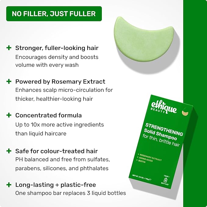 Ethique Rosemary & Amino Acids Strengthening Anti-Thinning Shampoo Bar – For Thicker & Fuller-Looking Hair - Plastic-Free, Vegan, Cruelty-Free, Color-Safe. 3.88 oz
