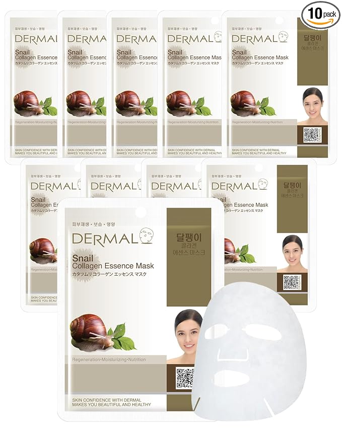DERMAL Snail Collagen Essence Facial Mask Sheet 23g Pack of 10 - Skin Regenerating & Trouble Care for Acne Prone Skin, Daily Skin Treatment Solution Sheet Mask