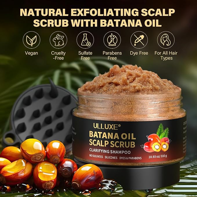 Scalp Scrub, Batana Oil Scalp Exfoliator 2-in-1 Clarifying Shampoo with Rosemary Mint, Hair Care Scalp Cleanser for Itchy Oily Scalp, Removes Build Up & Dandruff, Includes Scalp Massager, 10.93 oz