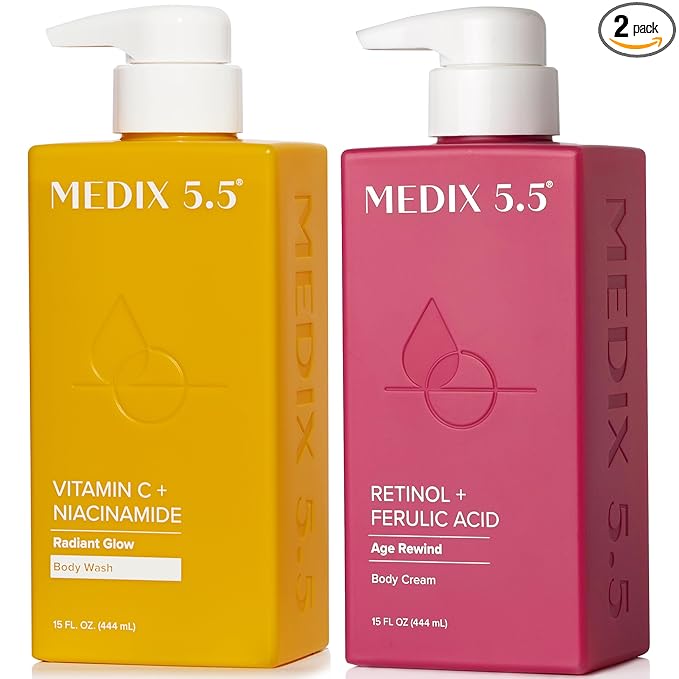 MEDIX Vitamin C Body Wash + Retinol Body Lotion Crepey Skin Moisturizer 2PC Set | Anti Aging Retinol Body Cream + Gel Body Cleanser Skincare Set For Women, Men, & Firmer Looking Skin, 2PC