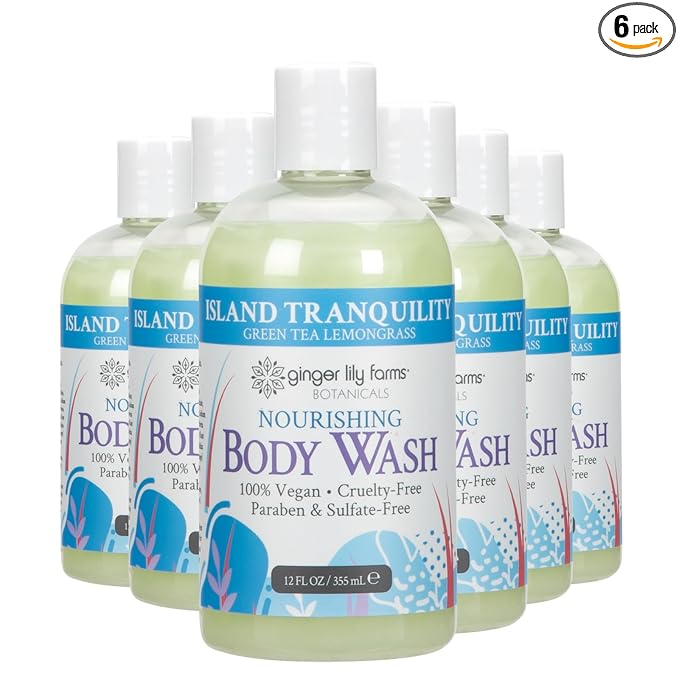 Ginger Lily Farms Botanicals Nourishing Body Wash, Island Tranquility, 100% Vegan & Cruelty-Free, Green Tea & Lemongrass Scent, 12 Fl Oz (Pack of 6)