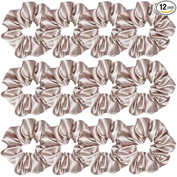 12 Pcs Satin Silk Scrunchies, Soft Hair Ties, Fashion Bands, Bows, Ropes, Elastic Bracelets, Ponytail Holders, Hair Accessories for Women and Girls (4.5 Inch, Champagne)