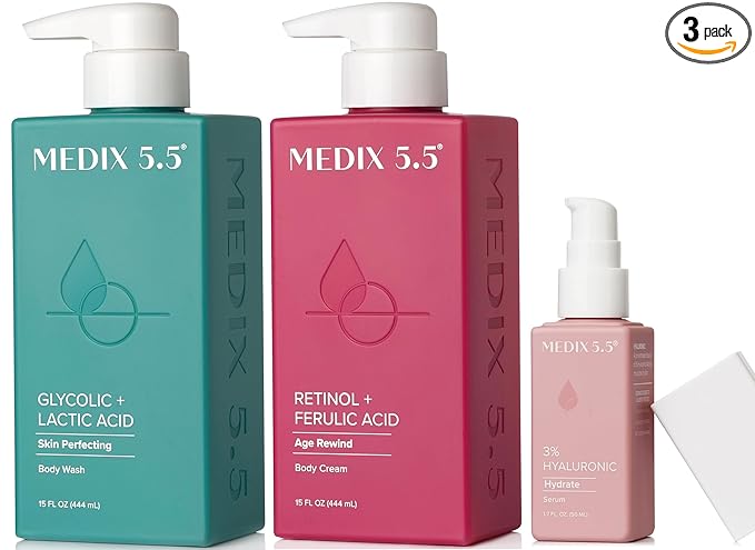 Medix 5.5 Anti Aging Skin Care 3PC Set | Retinol Body Cream + Exfoliating AHA Glycolic Acid Foaming Face Wash & Body Wash + Hyaluronic Acid Serum Booster, Cleanse + Treat + Hydrate Skincare Set, 3PC