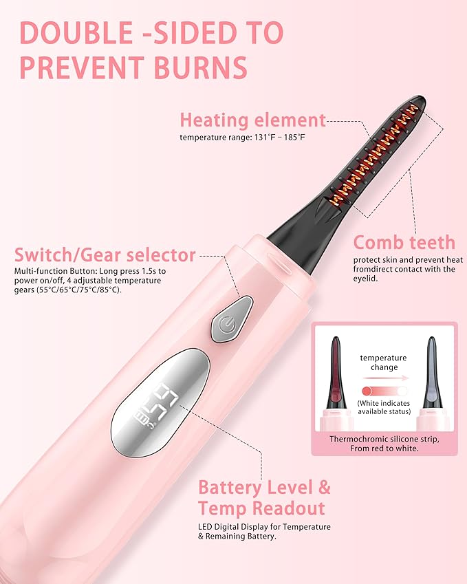 Heated Eyelash Curler for Women - 10s Fast Heating, 4 Adjustable Temp (131℉ - 185℉), LED Display, 24H Long-Lasting Curling Eye Lash Curler, Ergonomic Design, Travel-Friendly Makeup Tool Gift, Pink