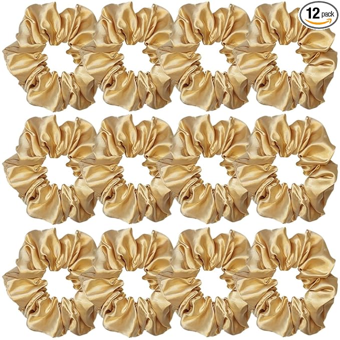12 Pcs Satin Silk Scrunchies and Hair Accessories - Soft Ties, Fashion Bands, Bows, Ropes, Elastic Bracelets, Ponytail Holders for Women and Girls (4.5 Inch, Dark Gold)