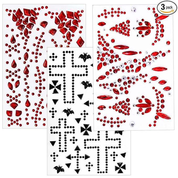Scar Face Gems Glitter Tattoo for Eye Corner and Forehead Bindi Rhinestone Face Jewelry Rave Party Decorations For Women Kids, 3-Pack