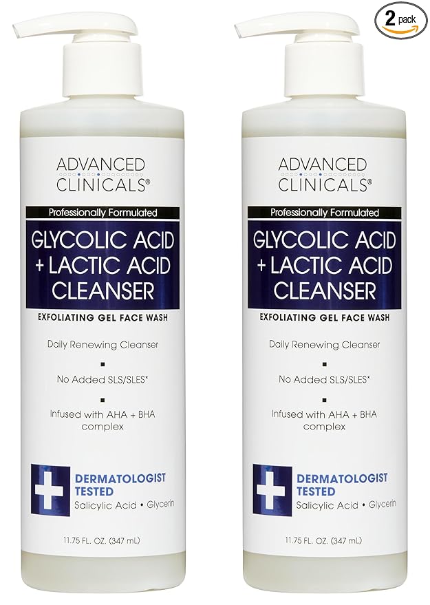 Advanced Clinicals Glycolic Acid Exfoliating Face Wash For Women & Men | Lactic Acid & Salicylic Acid Facial Cleanser | Glycerin Gel Gleanser Helps Gently Exfoliate & Cleanse Dirt & Oil, 2-Pack