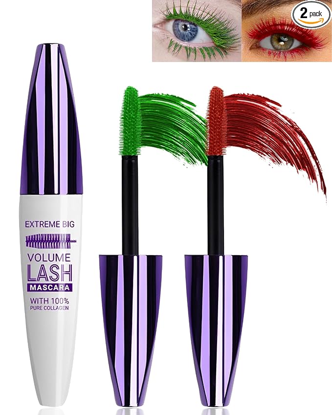 5D Green Red Mascara for Eyelashes,Longlasting Waterproof Smudge-Proof Colored Mascara Volume and Length, Volumizing Curling Fiber rimel de pestañas, Cosplay Party Stage Eye Makeup for Women Girl