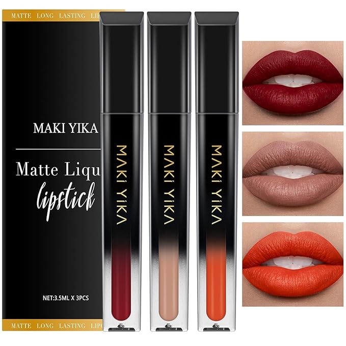 MAKI YIKA 3Pcs Matte Liquid Lipstick Makeup Set Dark Red Nude Orange Lipstick Long Lasting Smudgeproof Transfer Proof Lip Makeup, DarkRed/Nude/Orange | quick dry, waterproof
