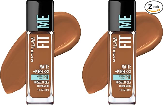 Maybelline Fit Me Matte + Poreless Liquid Oil-Free Foundation Makeup, Mocha, 1 Count (Packaging May Vary) (Pack of 2)
