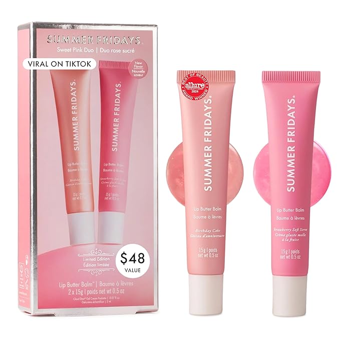 Summer Fridays Lip Butter Balm Sweet Pink Duo - Conditioning Tinted Lip Balm + Overnight Mask for Instant Shine + Color - With Hydrating Shea Butter - Strawberry Soft Serve + Birthday Cake (2 Count)