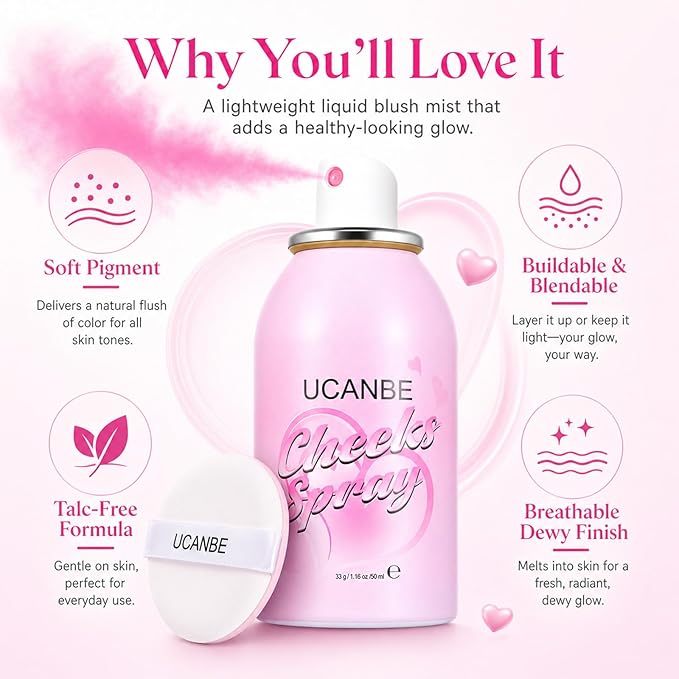 UCANBE Blush Spray with Puff, Hydrating Liquid Blush Mist for Cheeks - Soft Pigmented Buildable Blendable Breathable Blush, Healthy Dewy Glow Finish, Talc-Free, 01 Lavender (1.16 oz)