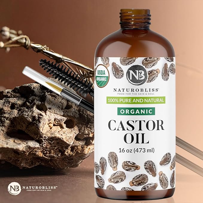 NaturoBliss Organic Castor Oil 16 oz – 100% Pure, Expeller-Pressed, Hexane-Free – Value Size Beauty Oil for Hair, Eyelashes, Eyebrows, Skin & Scalp, with Beauty Starter Kit – USDA Organic, GCMS Tested