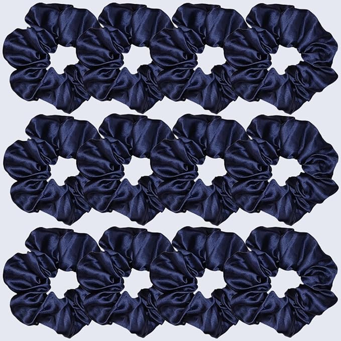 12 Pcs Satin Silk Scrunchies Soft Ties Fashion Bands Hair Bows Elastic Bracelet Ponytail Holders for Women and Girls (4.5 Inch, Navy Blue)