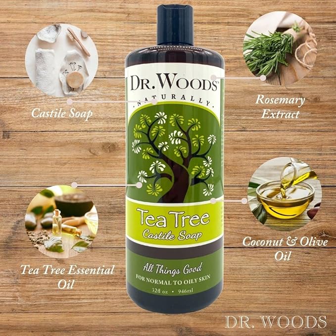 Dr. Woods Pure Tea Tree Liquid Castile Soap - Natural Castile Soap for Body, Hands, and Face with Vitamin E and Hemp Oil, for Men and Women - 32 Fl Oz, Pack of 2