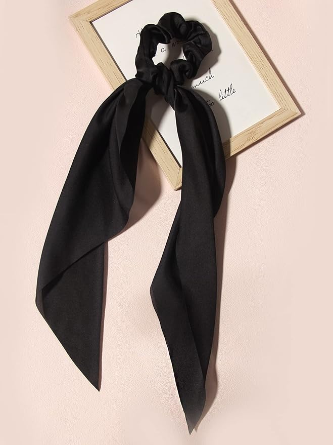 Pack of 2 Knotted Bow Hair Scrunchies Elastic Hair Scarf Black Hair Ties Bands Satin Hair Ribbon Scrunchy Red Ponytail Holder for Women and Girls (Black)