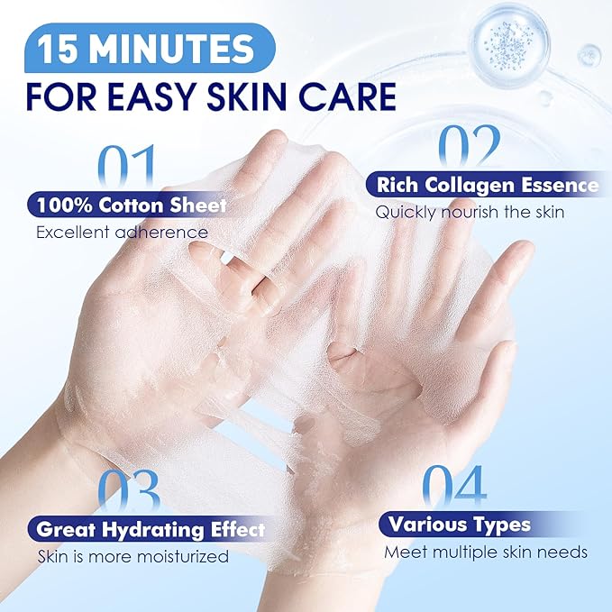 KONEUK 9 Pack Hydrating Face Masks Skincare, Bulk Sheet Face Mask for Dry Skin, Collagen Facial Masks Spa Gifts for Women Skin Care, Mothers Day Gifts for Mom, Teacher Gifts and Nurse Gifts