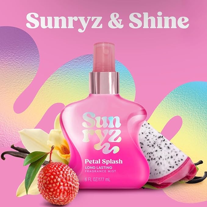 PDC Brands Sunryz Petal Splash Shimmer Body Oil and Fragrance Mist Duo Set, with Cupuaçu Seed Butter, Coconut Oil, and Açaí Fruit Oil, 2 Piece