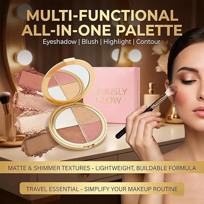 Eye & Cheek Palette - Eyeshadow and Highlighter Makeup, 4 in 1 Eyeshadow Palette, Multi Use Eye Shadow Blush Highlighter, Blendable Long Lasting Glow Powder, Natural Radiant Makeup Kit