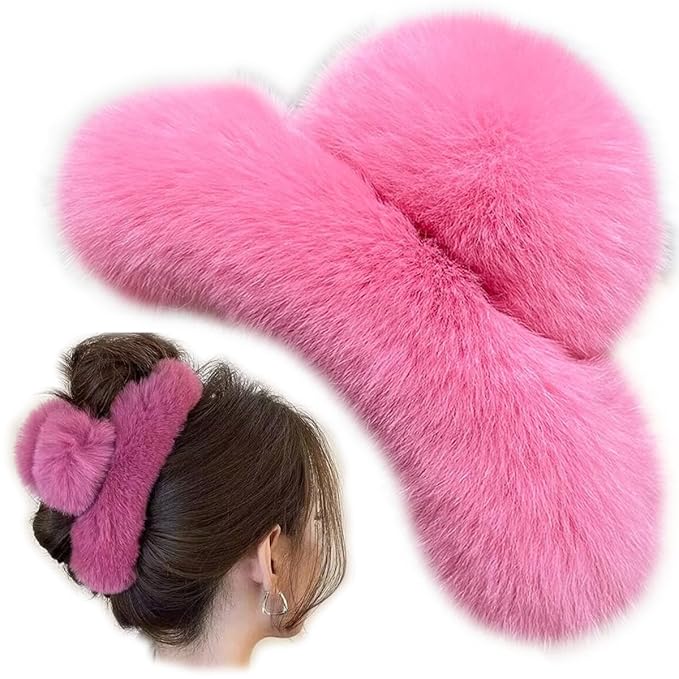 YOYLMAL Large Faux Fur Hair Claw Clip for Women, 5.1 Inches Winter Fluffy Fuzzy Hair Clips, Nonslip Strong Hold Furry Big Jaw Clamp for Thick Long Hair (Rose Red)