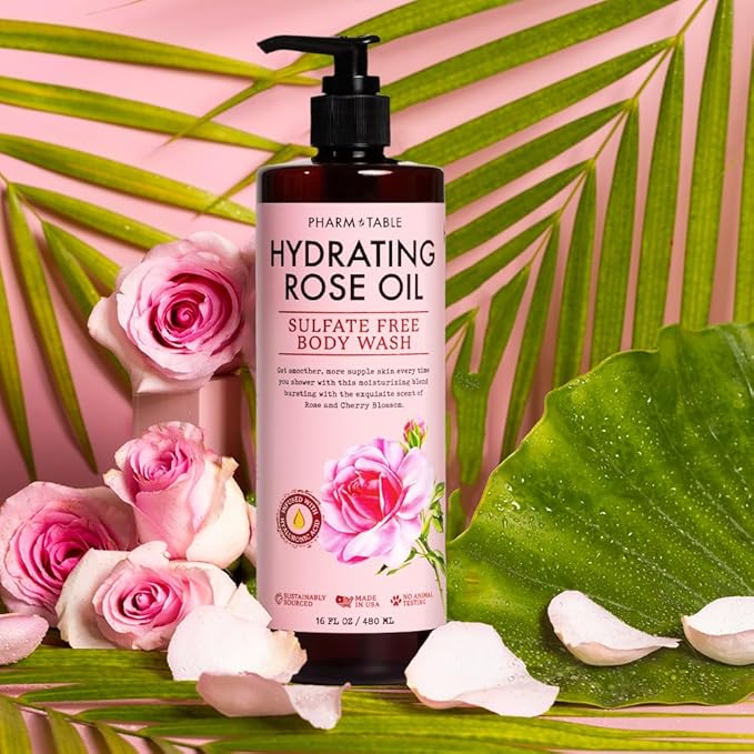 PHARM TO TABLE Hydrating Rose Oil Body Wash for Women and Men - Hydrates and Brightens the Skin, Sulfate Free, 100% Cruelty Free, 480ml
