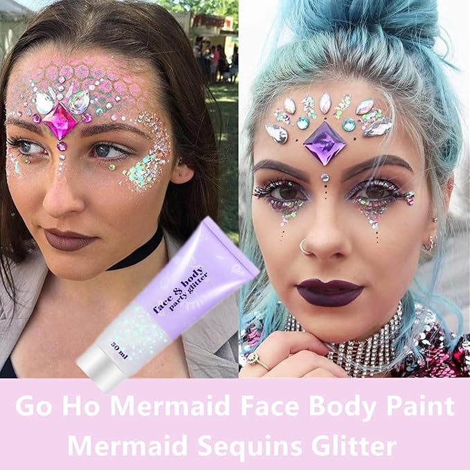 Go Ho Clear White Face Body Glitter - Party Flash Festival Rave Outfits for Women&Kids,Holographic Glitter Rainbow White Face Paint,Halloween Mermaid Fairy Makeup Chunky Sequins Gel,Rave Accessories