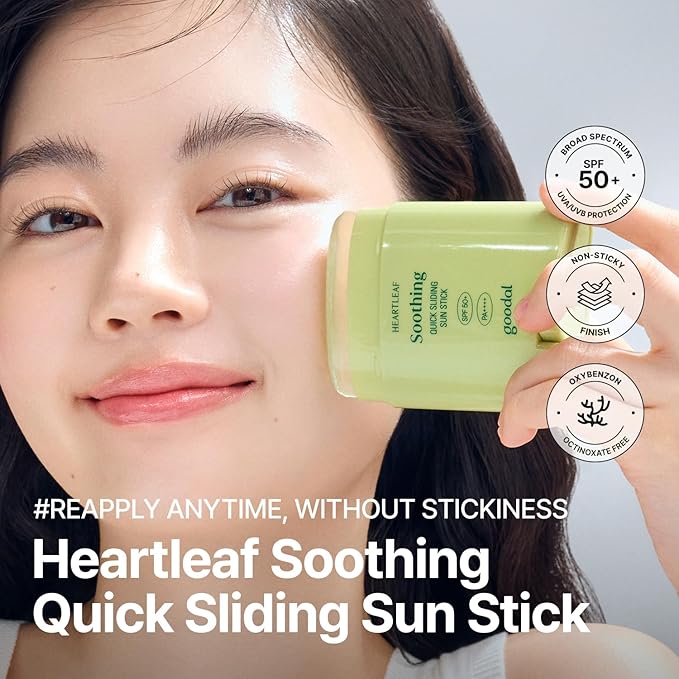 GOODAL Heartleaf Soothing Quick Sliding Sunscreen Stick, Broad Spectrum SPF 50, Lightweight Korean Sun Stick for Face & Body, Non-Sticky for Reapplication Over Makeup, Reef-Friendly, Vegan, 0.77 Oz
