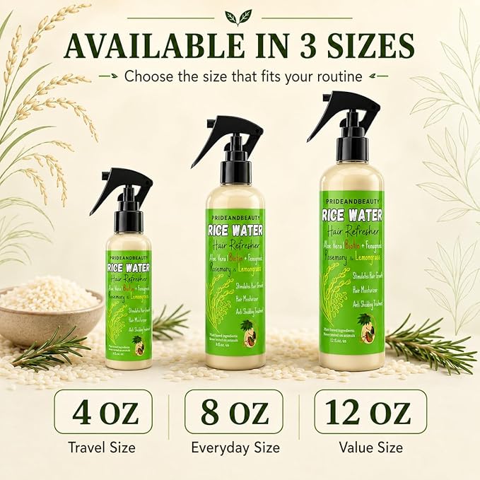 PrideandBeauty Fermented Rice Water Hair Refresher – Infused with Rosemary, Biotin, Caffeine & Keratin – Strengthens, Reduces Breakage, Hydrates & Softens – Non-Greasy Leave-In for All Hair Types