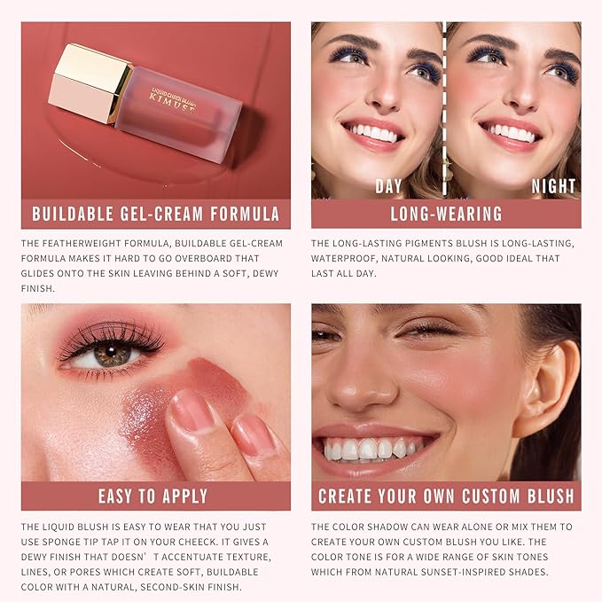 KIMUSE Liquid Blush, Long-Wearing Pigmented Soft Cream Face Blush, Waterproof, Smudge Proof, Dewy Finish