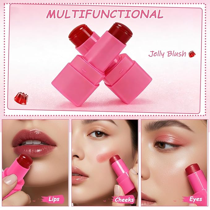 2PCS Jelly Blush Stick for Cheeks,Cooling Water Jelly Tint Stick,Moisturizing Lightweight Lip and Cheek Tint,Long-lasting,Cruelty-free,Sheer & Buildable Lip Stain + Blush（01+03）