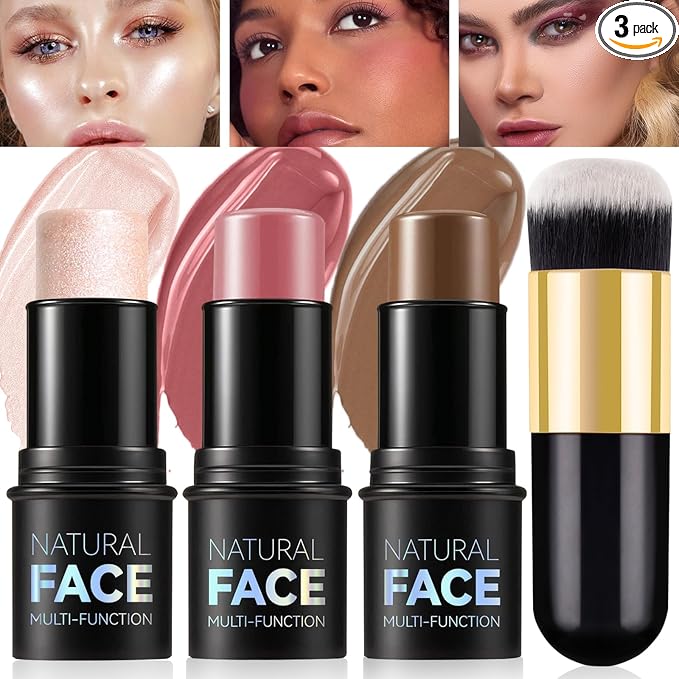 3Pcs Cream Contour Kit - Cream Blush, Highlighter, Contour Bronzer for Cheeks, Waterproof Long Lasting Blendable, Contour Stick Trio for Face Makeup (#02, 05, 06)