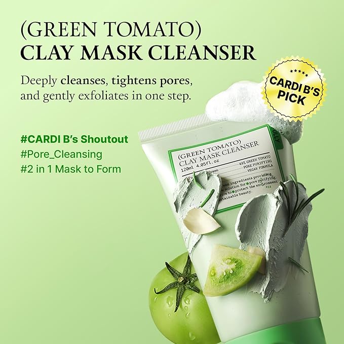 FULLY Green Tomato Pore Cleanser, Cardi B’s Clay Mask Cleanser for Deep Pore Cleanse & Pore Minimizer, Blackhead & Sebum Control, Gentle Face Wash for Women, Korean Skincare