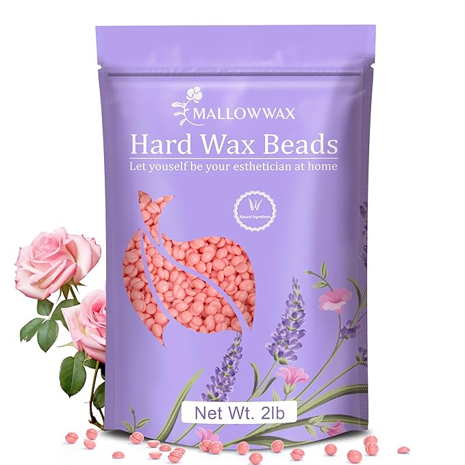 Mallowwax Hard Wax Beads for Hair Removal, 2LB – Premium Hair Removal Wax Refill for Sensitive Skin with Rose Formula, Ideal for Facial and Brazilian Areas