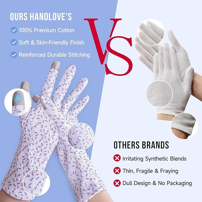 HandLove Premium 100% Cotton Gloves | Moisturizing Gloves for Dry Hands | Overnight Sleeping & Eczema | Touchscreen Friendly | Extended Wrist White Gloves & Lavender Dots, 2Pairs