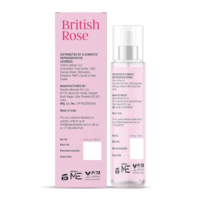Botanic Hearth British Rose Hair Perfume & Body Mist, Long-Lasting Hair Deodorizer, Body Scent for Women & Men, Alcohol-Free Clean Fragrance Hair Spray For Everyday Wear, All Day Freshness, 3.4 Fl Oz