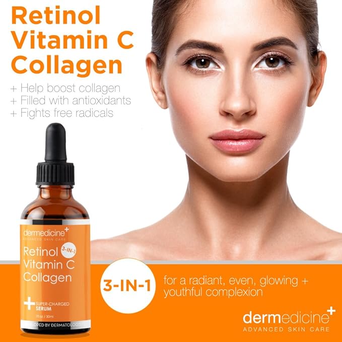 Retinol Vitamin C Collagen | Super Charged Anti-Aging Serum for Face | Pharmaceutical Grade Quality | Helps Smooth & Plump Fine Lines & Wrinkles & Brightens for Younger Skin | 1 fl oz / 30 ml
