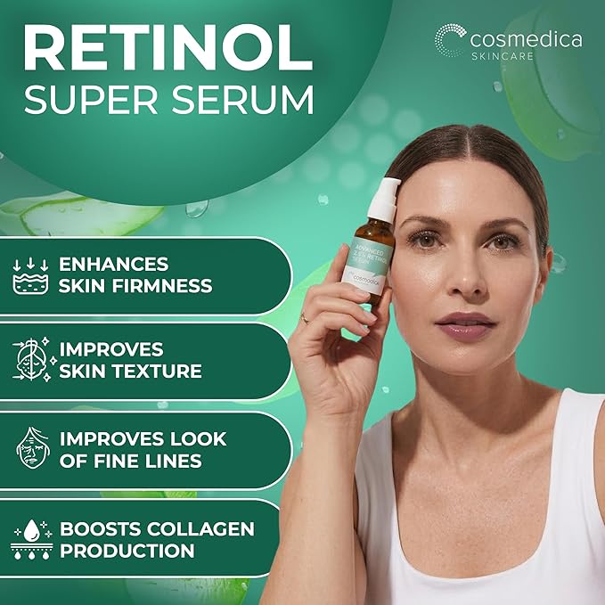 Cosmedica Skincare Retinol Serum 2.5% for Face | Anti-Aging Vitamin A Serum with Hyaluronic Acid, Green Tea & Vitamin E | Reduces Wrinkles, Acne Scars & Dark Spots | Gentle for Sensitive Skin | 1 oz