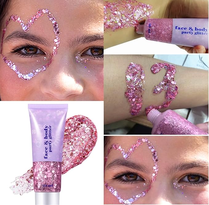 Go Ho Pink Face Body Glitter Gel,Pink Face Paint Makeup Holographic Chunky Sequins Glitters for Hair,Nails,and Lip,Long-Lasting Hair Glitter with Sequins,52g