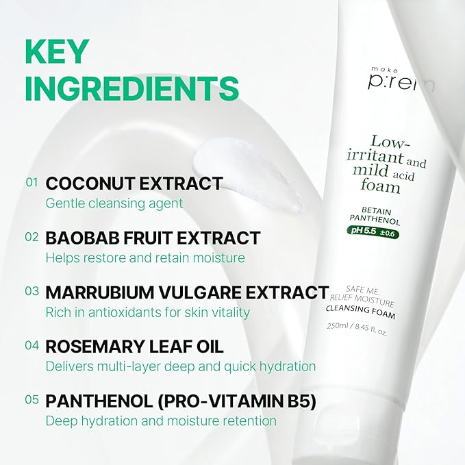 MAKE P:REM Safe Me. Relief Moisture Cleansing Foam, Delicate Eye-Friendly Face Wash for Sensitive Skin, pH Balanced Deep Pore Cleansing, Korean Skin Care, 5.07 Fl Oz, 150ml