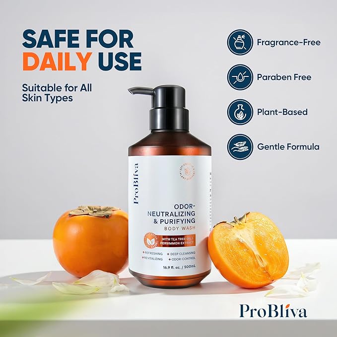 ProBliva Persimmon Body Wash & Soap for Aging Odor: Purifying & Odor-Neutralizing (500mL) for Older People Smell with Tea Tree Oil & Green Tea - Japanese Deodorizing & Eliminator for Adults & Seniors