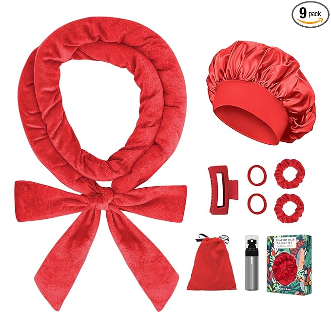 Gwabee Heatless Curls Overnight Hair Curlers to Sleep In, 9 PCS Velvet Heatless Hair Curler Overnight Curls for Women Long Medium Hair Volumes, Heatless Curling Waves Set with Sleep Bonnet - Red