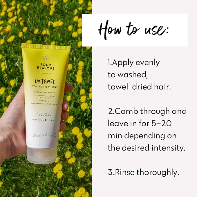 FOUR REASONS Color Mask INTENSE Yellow (27 Colors) - Intensive Toning Treatment - Color Depositing Conditioner – Semi Permanent Yellow Hair Dye for Lightened and Colored Hair– 100% Vegan, 6.76 fl oz