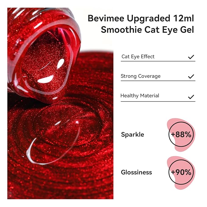 Cat Eye Gel Nail Polish, Red Glitter Magnetic Gel Polish UV Glitter Holographic, Cateye Gel Polish With Magnet Shimmer Manicure Salon DIY Home, 12ML